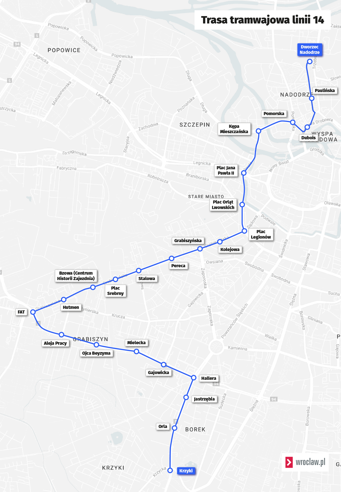 Powiększ obraz: <p>Mapa przedstawia trasę linii nr 14 obowiązującą od niedzieli 8 października.</p>