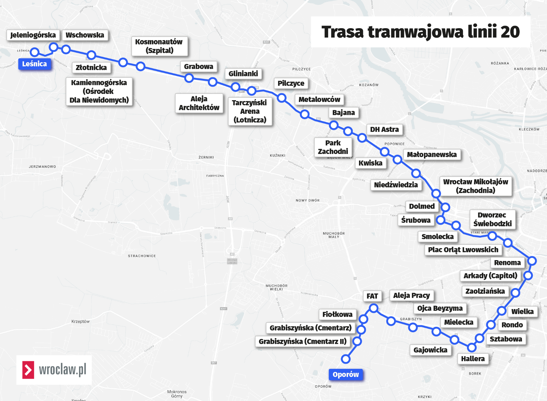 Powiększ obraz: <p>Mapa przedstawia trasę linii nr 20 obowiązującą od niedzieli 8 października.</p>