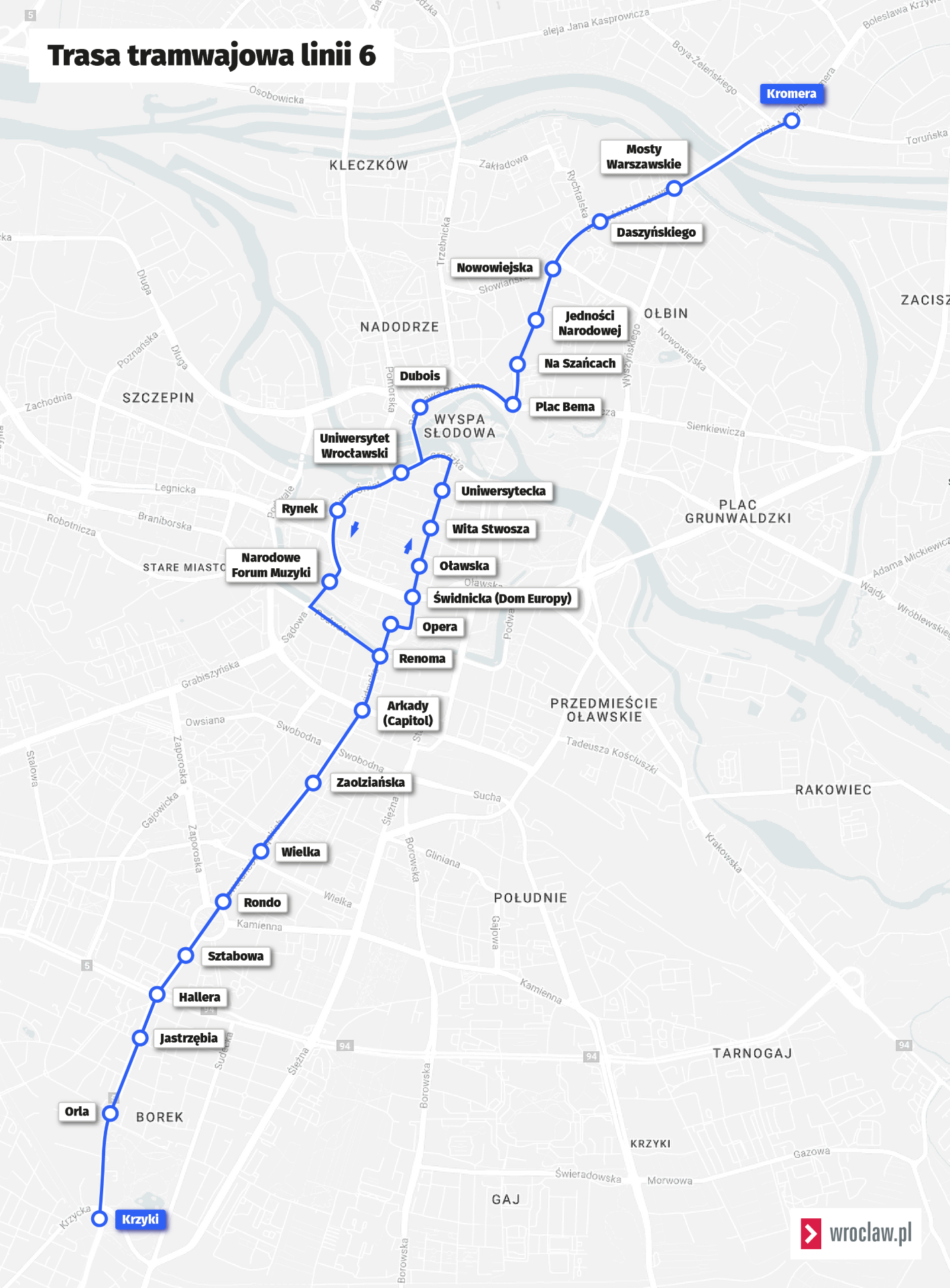Powiększ obraz: <p>Mapa przedstawia trasę linii nr 6 obowiązującą od niedzieli 8 października.</p>