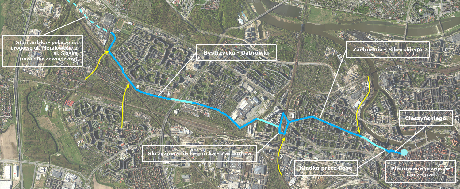 Powiększ obraz: Mapa z przebiegiem całej rowerowej osi zachodniej.