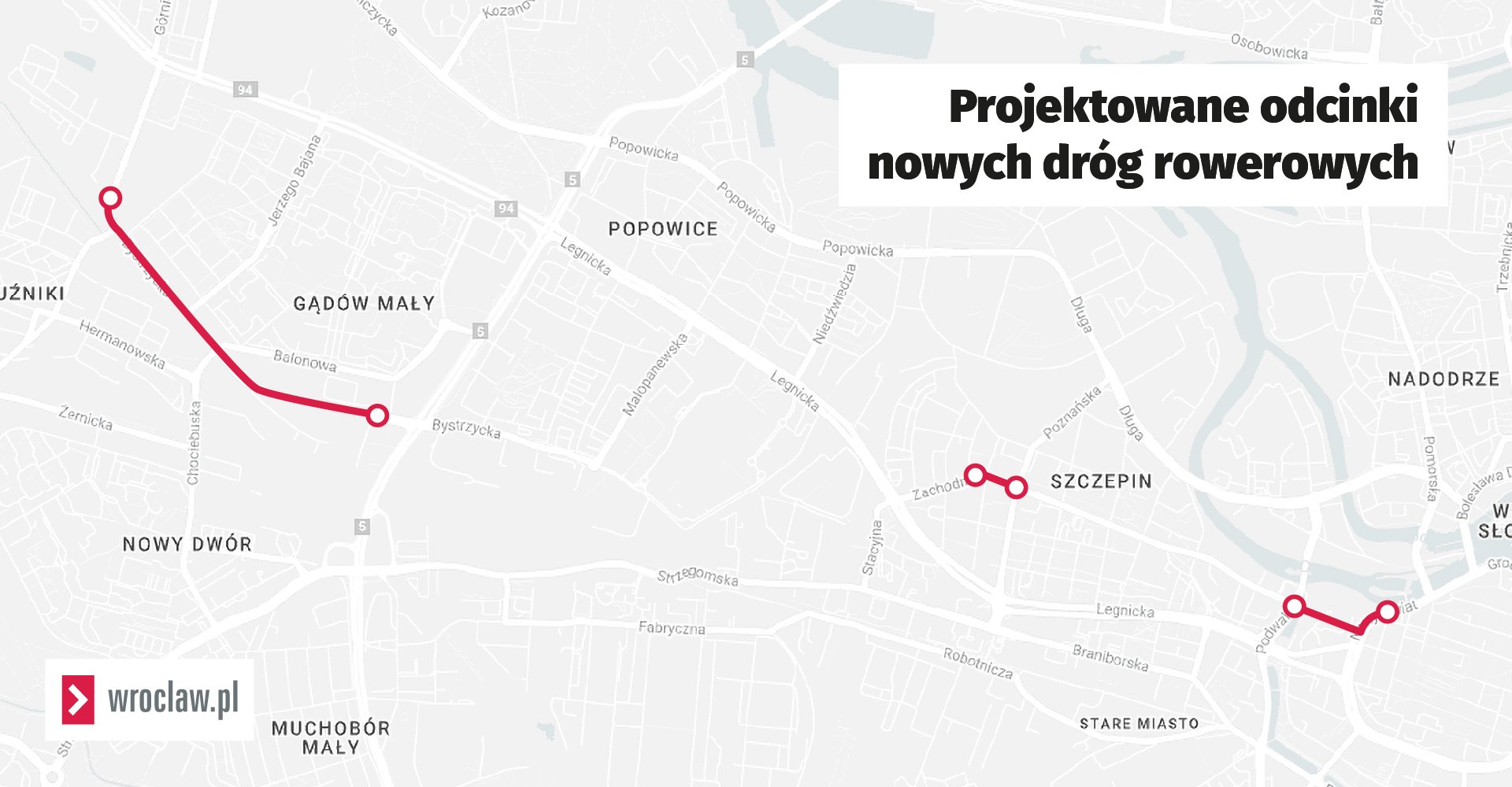 Powiększ obraz: Mapa przedstawia odcinki, na których projekt Wrocławskie Inwestycje ogłosiły przetarg. To fragmenty, które będą współtworzyć zieloną rowerową osi zachodnią.