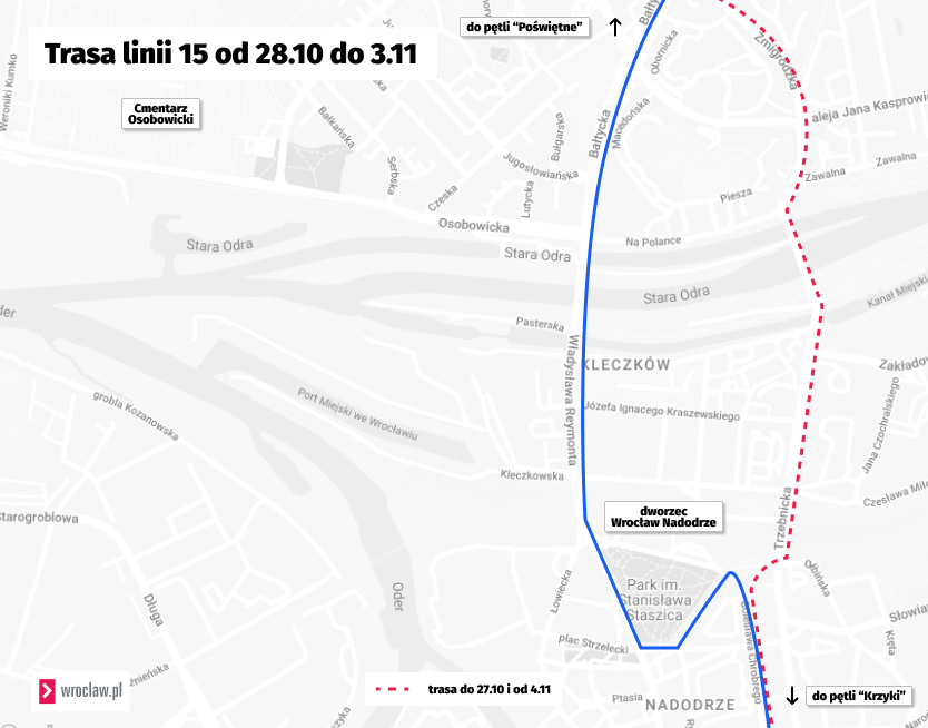 Powiększ obraz: <p>Trasa linii numer 15 w okresie Wszystkich Świętych.</p>