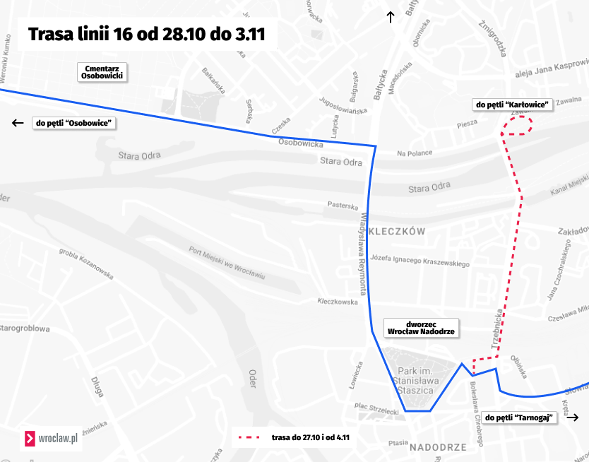 Powiększ obraz: <p>Trasa linii numer 16 w okresie Wszystkich Świętych.</p>