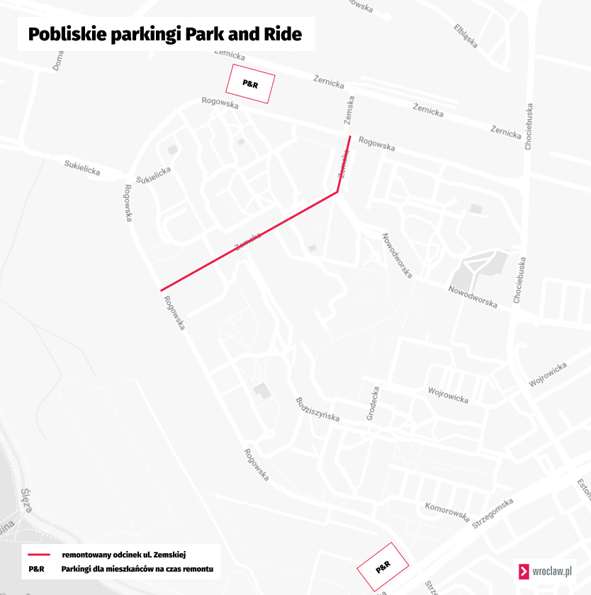 Powiększ obraz: Mapa przedstawia parkingi w okolicy remontowanej ulicy Zemskiej.