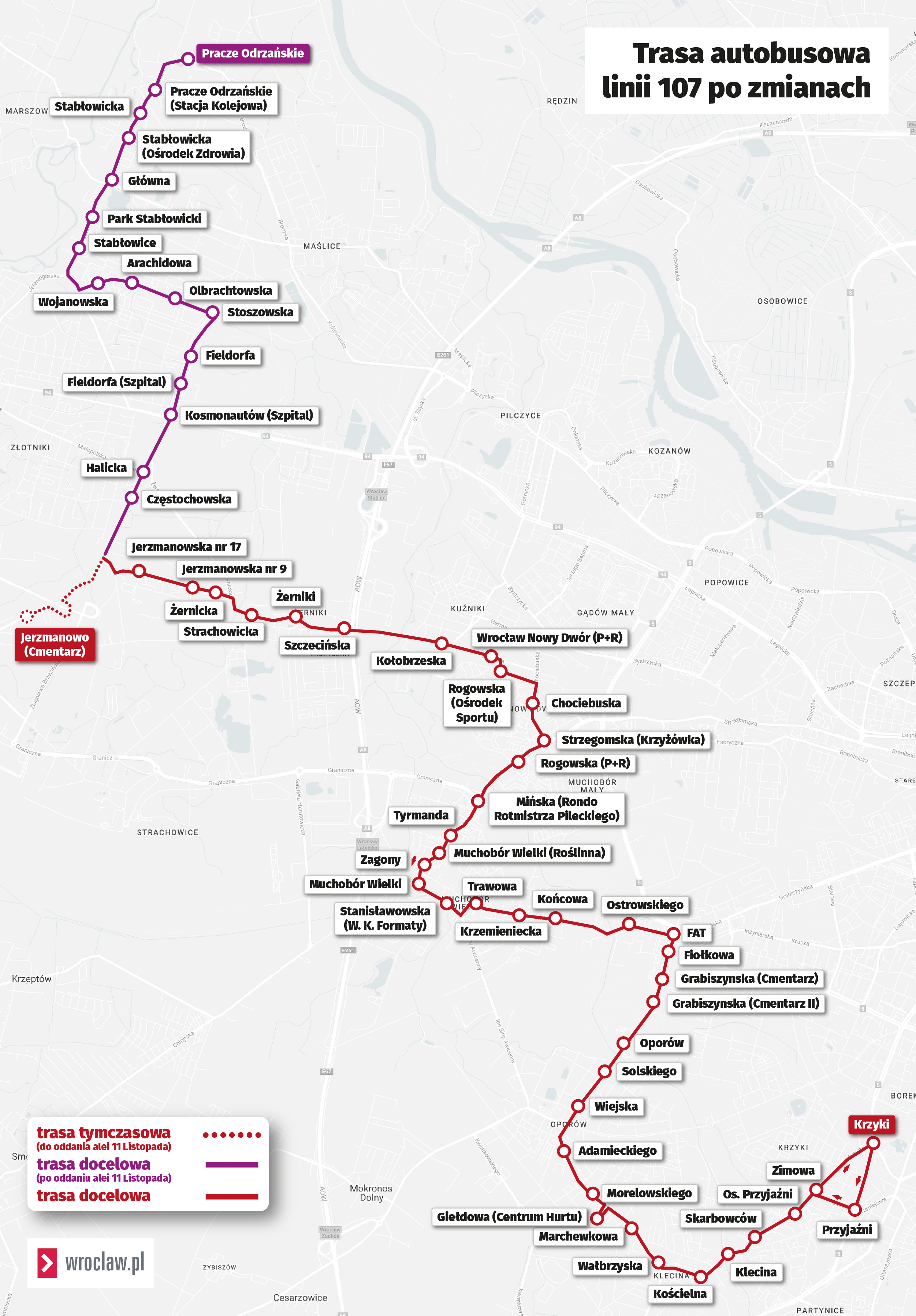 Powiększ obraz: <p>Mapa przedstawia dotychczasową trasę autobusu 107 oraz tę, kt&oacute;ra będzie obowiązywać od 11 listopada.</p>