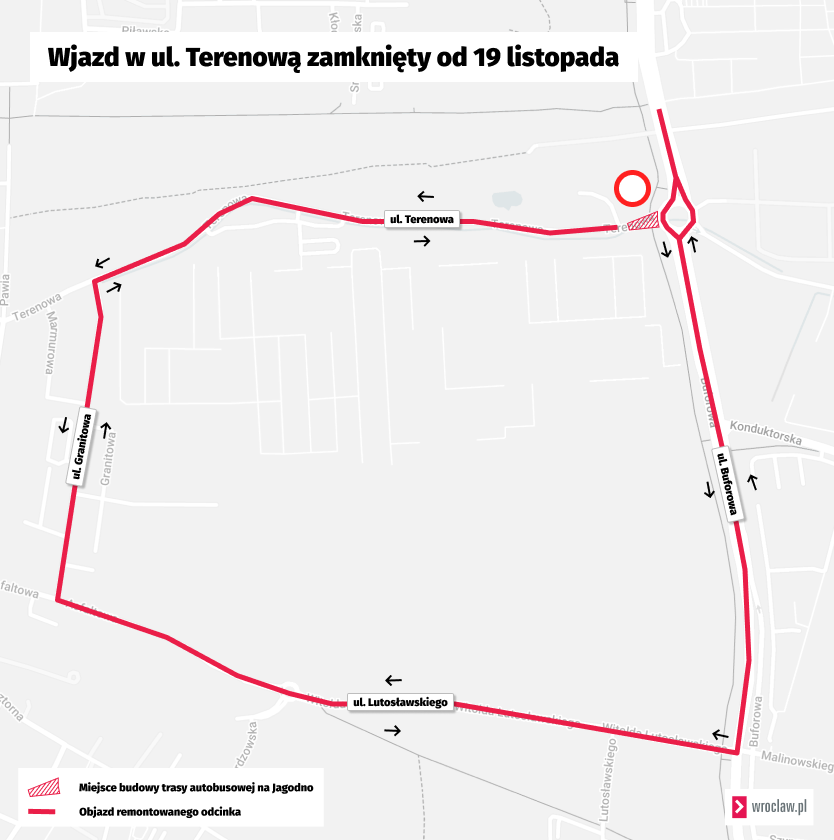 Powiększ obraz: Mapa przedstawia trasę objazdu zamkniętej ulicy Terenowej.