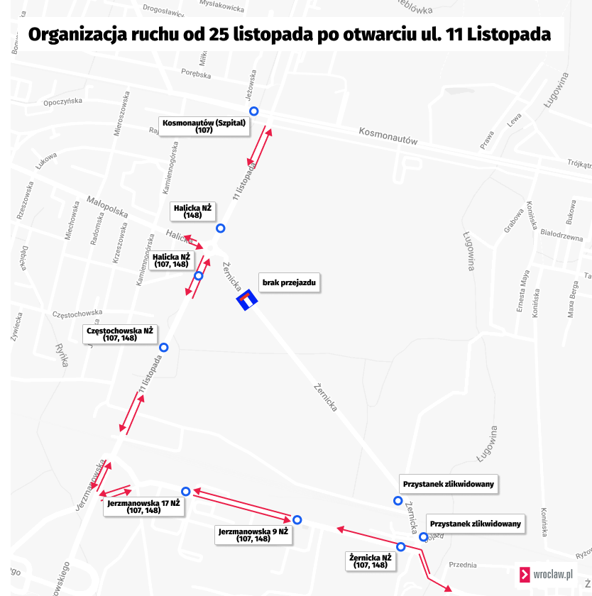 Powiększ obraz: Mapa przedstawia nową organizację ruchu w związku z zamknięciem części ulicy Żernickiej.