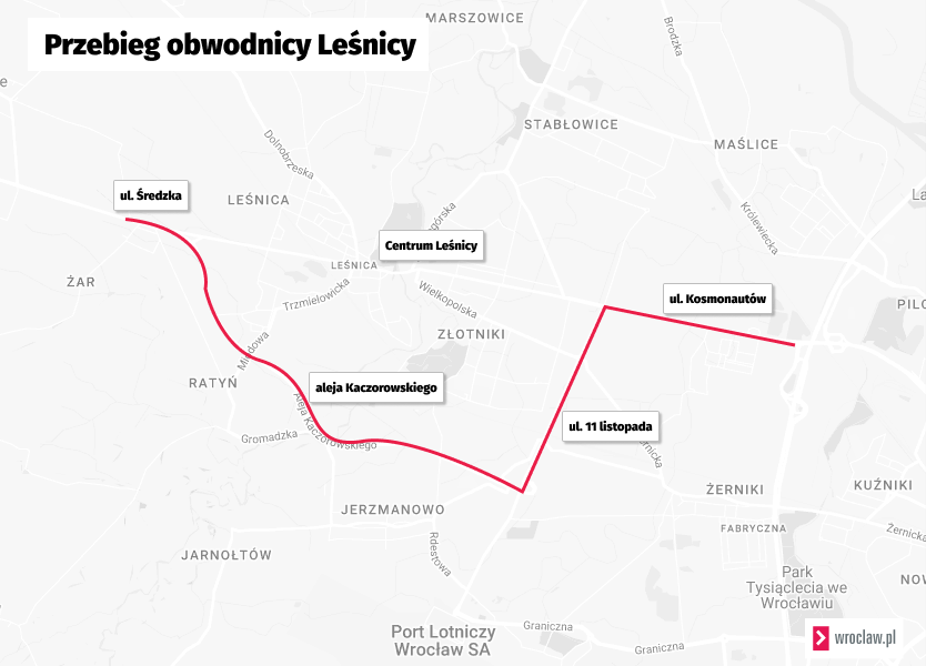 Powiększ obraz: Mapa przedstawia przebieg obwodnicy Leśnicy.