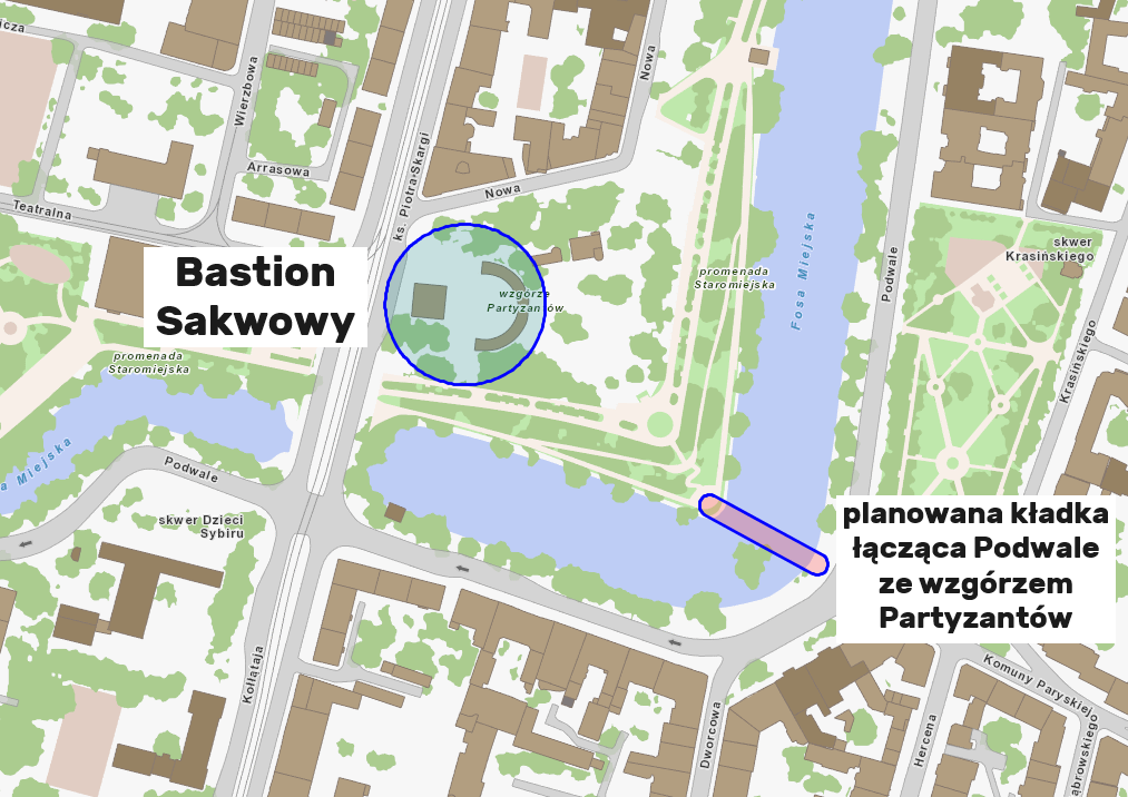 Powiększ obraz: <p>Mapa przedstawiająca usytuowanie Bastionu Sakwowego i planowanej kładaki prowadzącej na wzg&oacute;rze Partyzant&oacute;w.&nbsp;&nbsp;</p>