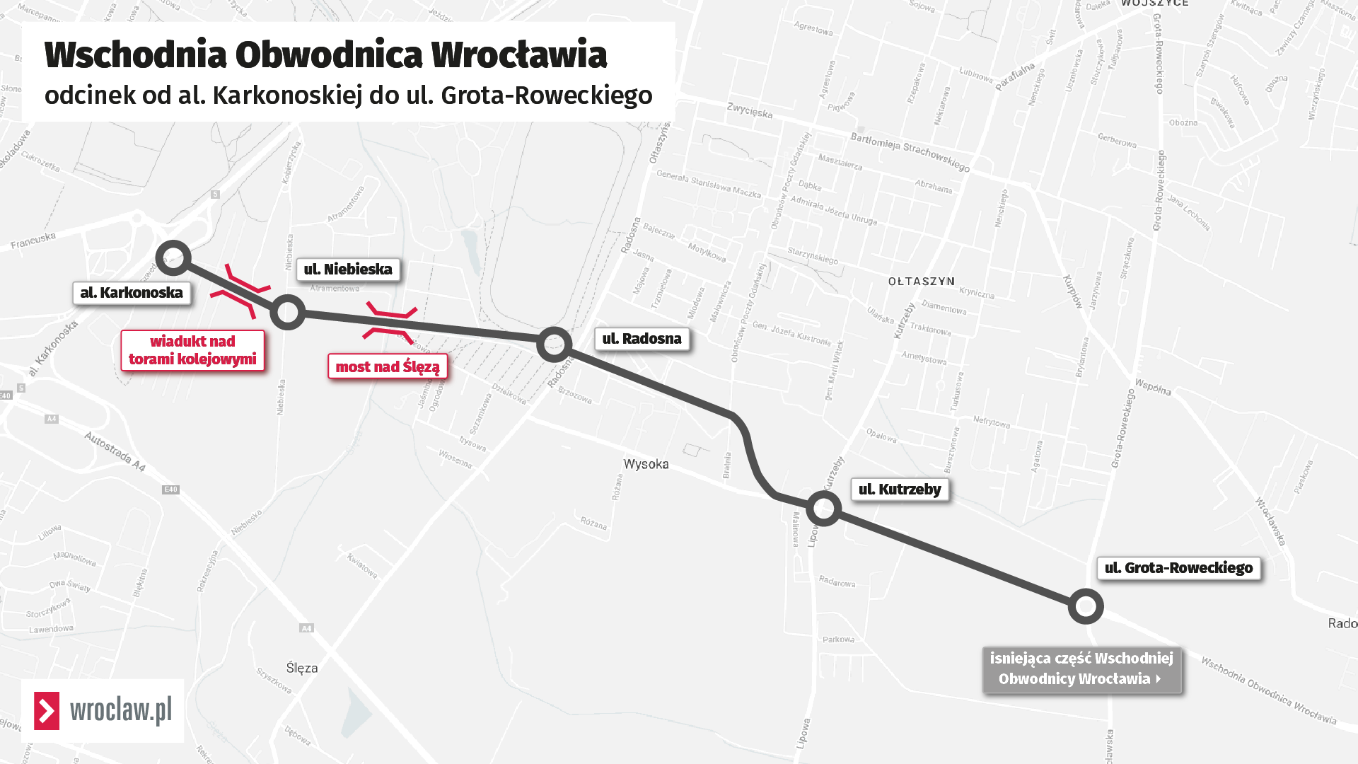Powiększ obraz: Mapa przedstawia przebieg Wschodniej Obwodnicy Wrocławia od al. Karkonoskiej do ul. Grota-Roweckiego przez Wysoką.