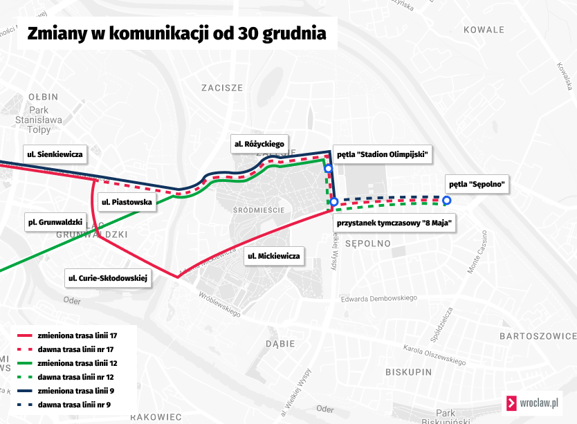 Powiększ obraz: Mapa przedstawia zmienione trasy tramwajów linii 9, 12 oraz 17.