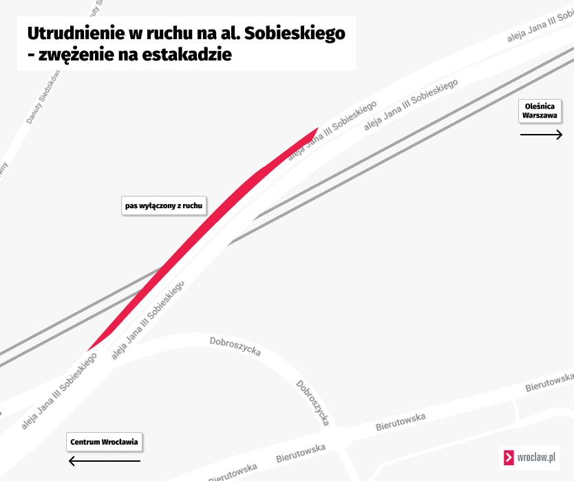 Powiększ obraz: Mapa przedstawia zwężenie jezdni do jednego pasa na estakadzie na al. Sobieskiego.