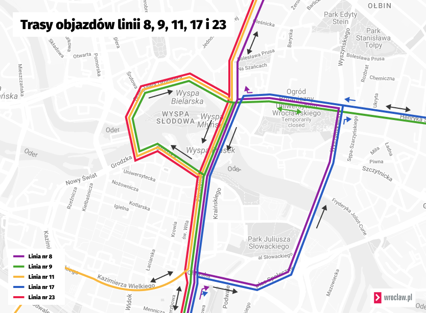 Powiększ obraz: Trasy objazdów tramwajów linii 8, 9, 11, 17 i 23 spowodowanych wymianą zwrotnicy na pl. Bema.