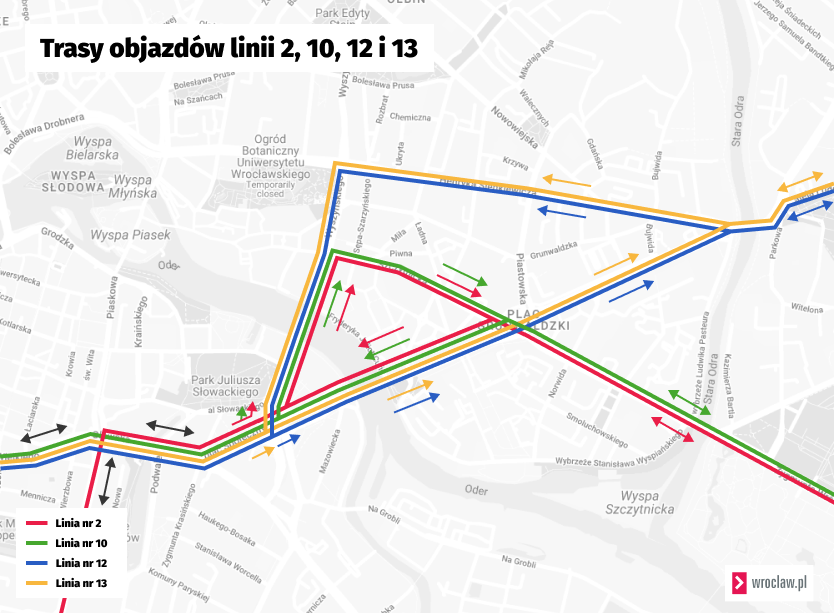 Powiększ obraz: Trasy objazdów tramwajów linii 2, 10, 12 i 13 spowodowanych wymianą zwrotnicy na pl. Grunwaldzkim.