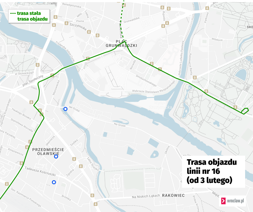 Powiększ obraz: Mapa przedstawia zmienioną trasę tramwaju linii 16.