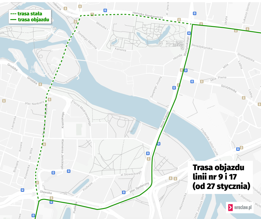 Powiększ obraz: Mapa przedstawia trasę objazdu tramwajów linii 9 i 17.