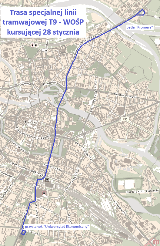 Powiększ obraz: Mapa przedstawia trasę tramwaju T9 - WOŚP.
