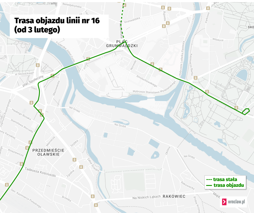 Powiększ obraz: Tymczasowa trasa tramwaju linii 16.