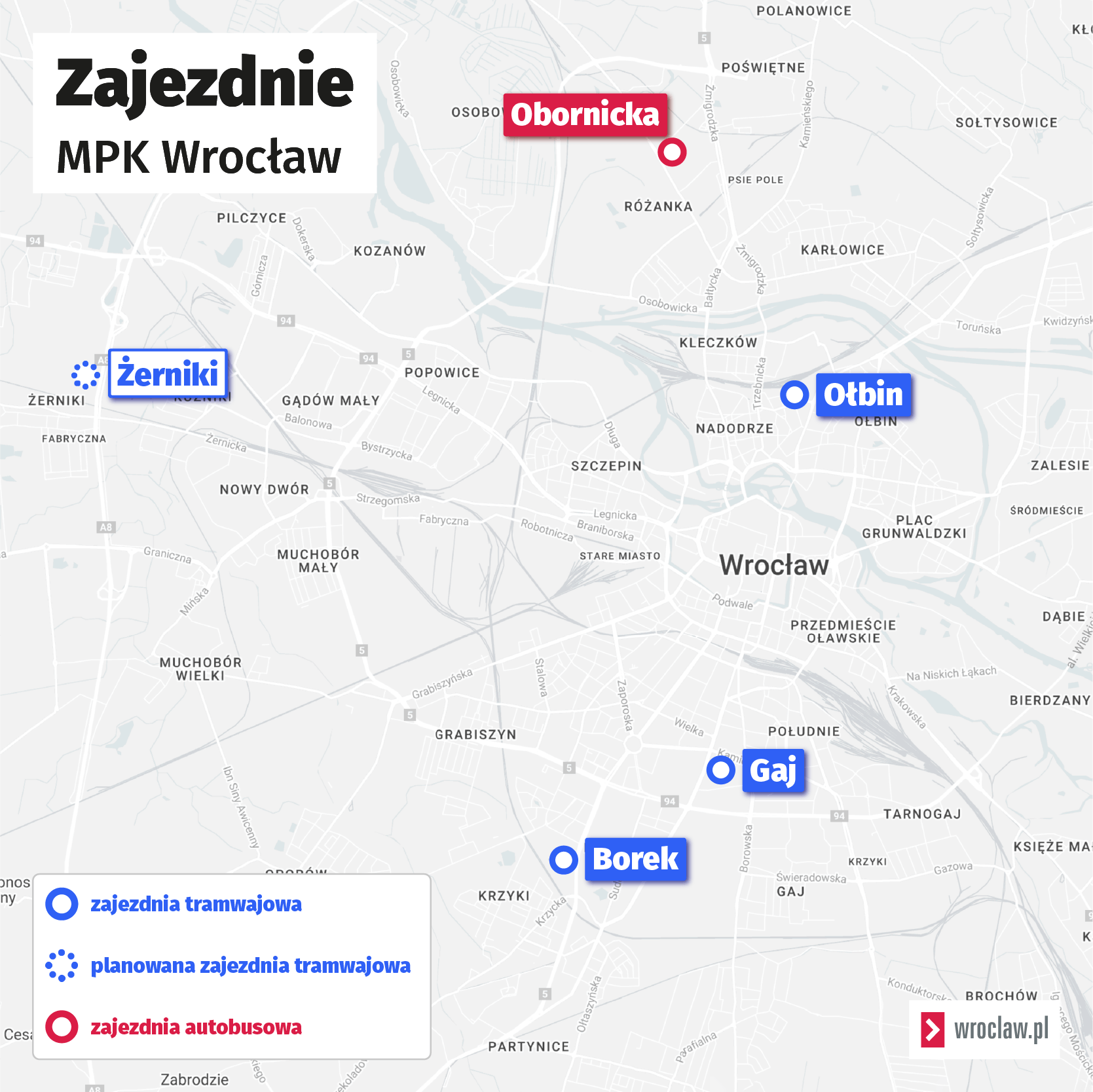 Powiększ obraz: Mapa przedstawia lokalizacje obecnych zajezdni MPK Wrocław oraz nową, planowaną przy al. Architektów.