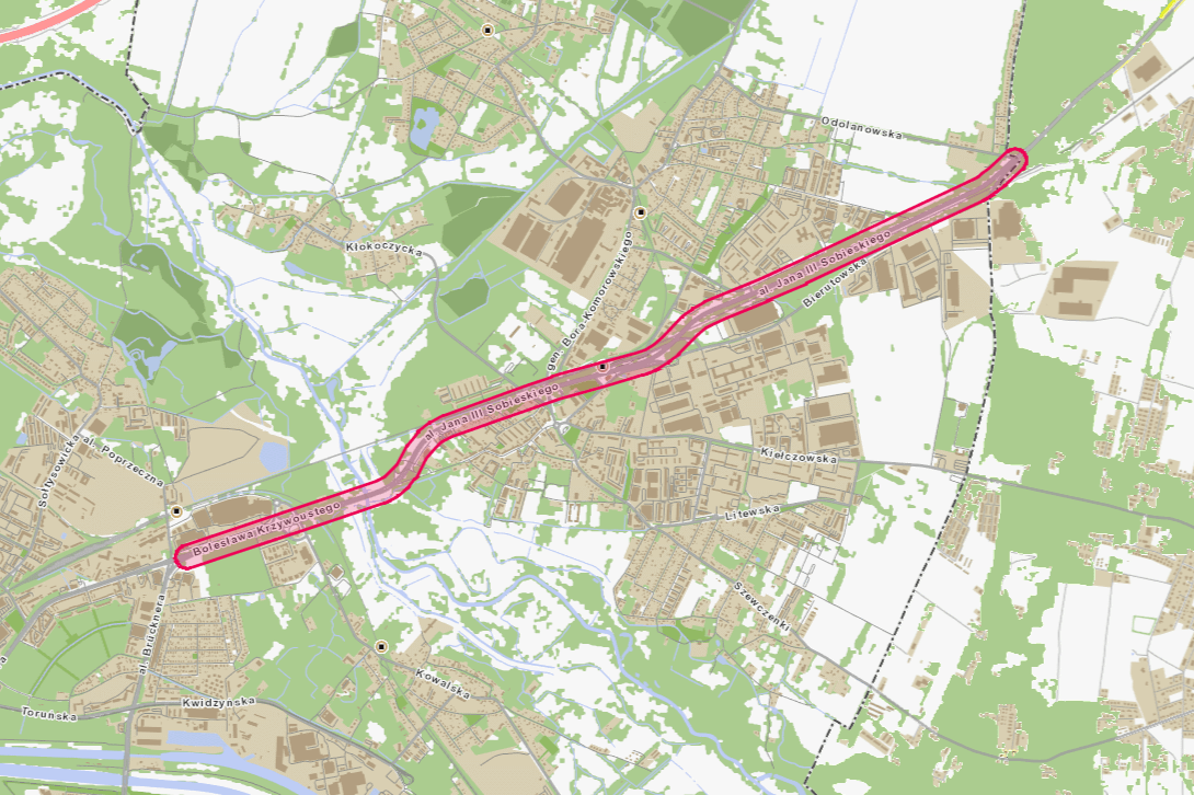 Powiększ obraz: Mapa przedstawia przebieg ul. Krzywoustego i al. Sobieskiego.