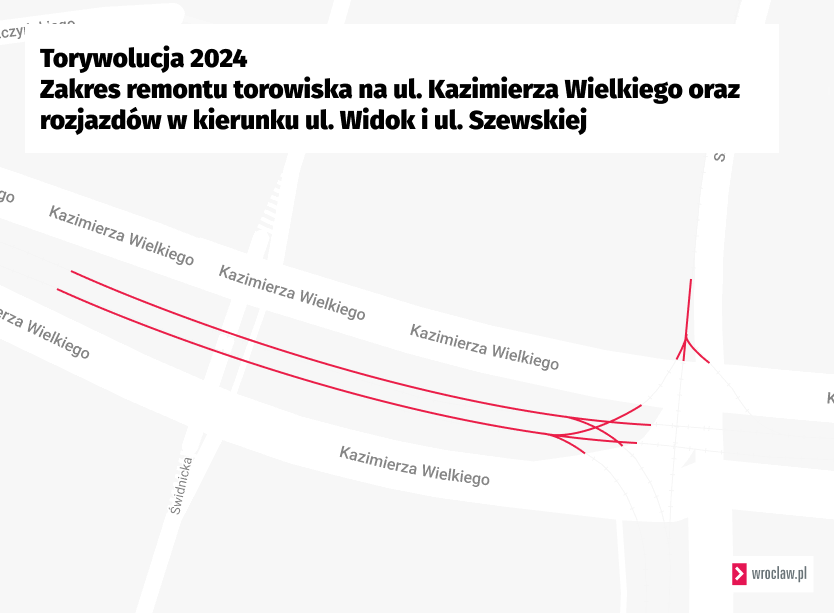 Powiększ obraz: <p>Wymiana rozjazd&oacute;w na skrzyżowaniu ulic Kazimierza Wielkiego, Widok i Szewskiej i wymiana tor&oacute;w aż za przystanek Świdnicka rozpocznie się na&nbsp;początku czerwca.</p>