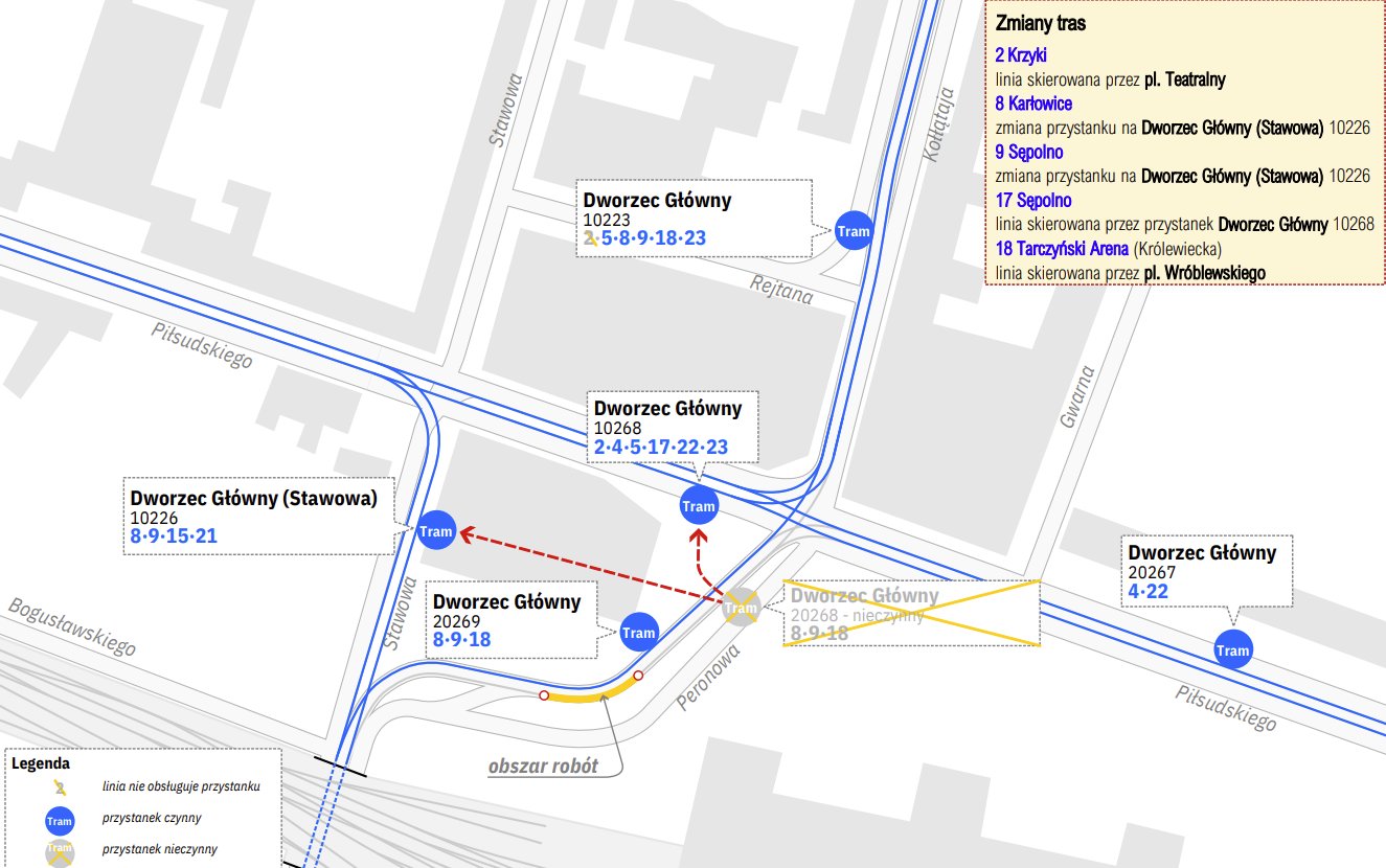 Powiększ obraz: <p>Mapa przedstawia zmiany, kt&oacute;re będą obowiązywać w rejonie przystanku Dworzec Głowny przy ul. Peronowej.&nbsp;</p>