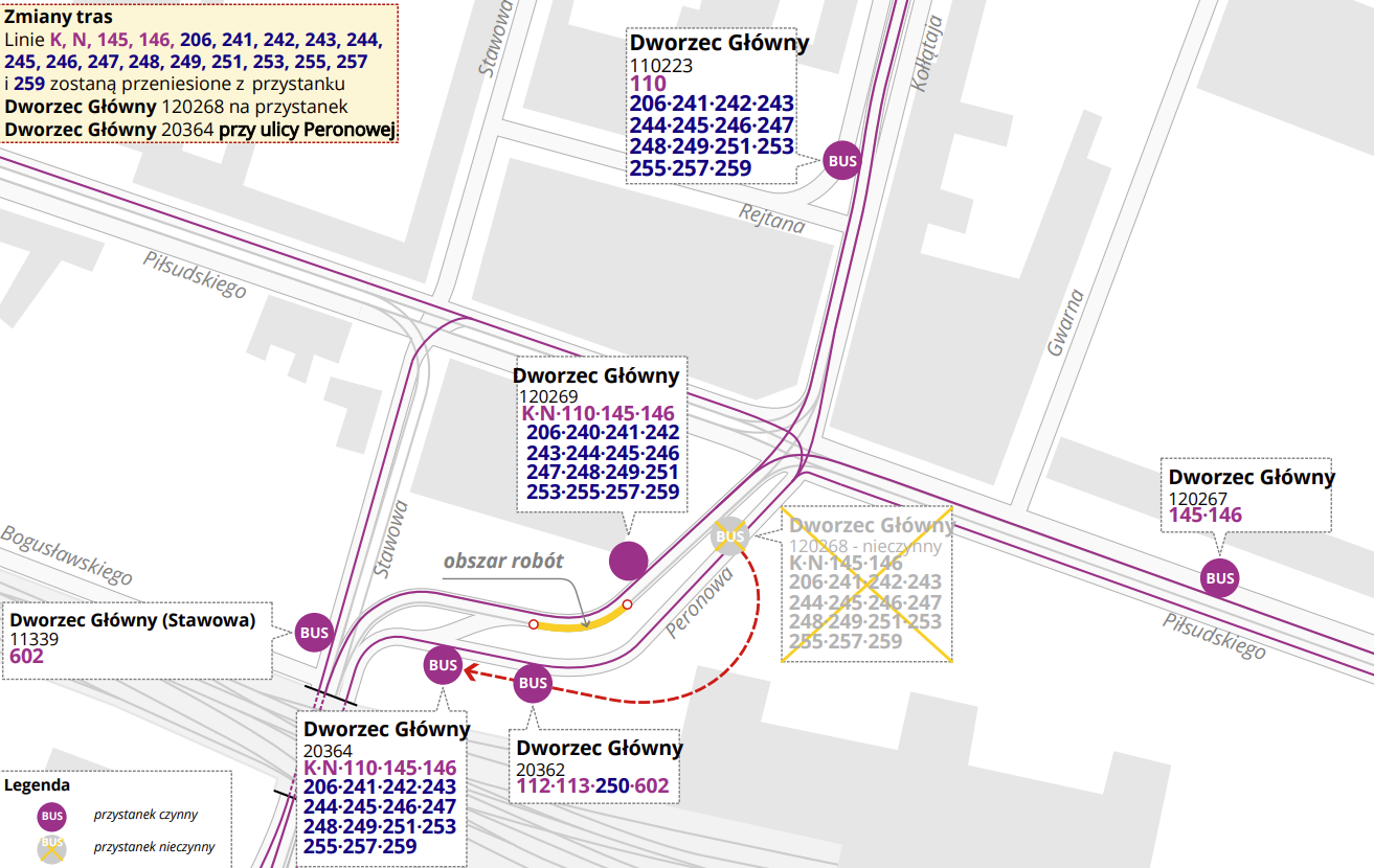 Powiększ obraz: <p>Przystanek autobusowy zlokalizowany przy Peronowej&nbsp;dla linii K, N, 145, 146 oraz linii nocnych jadących w kierunku centrum zostanie przeniesiony do zatoki autobusowej przy ulicy Peronowej z boku Dworca PKP (przystanek dla autobus&oacute;w linii 112 i 113).</p>