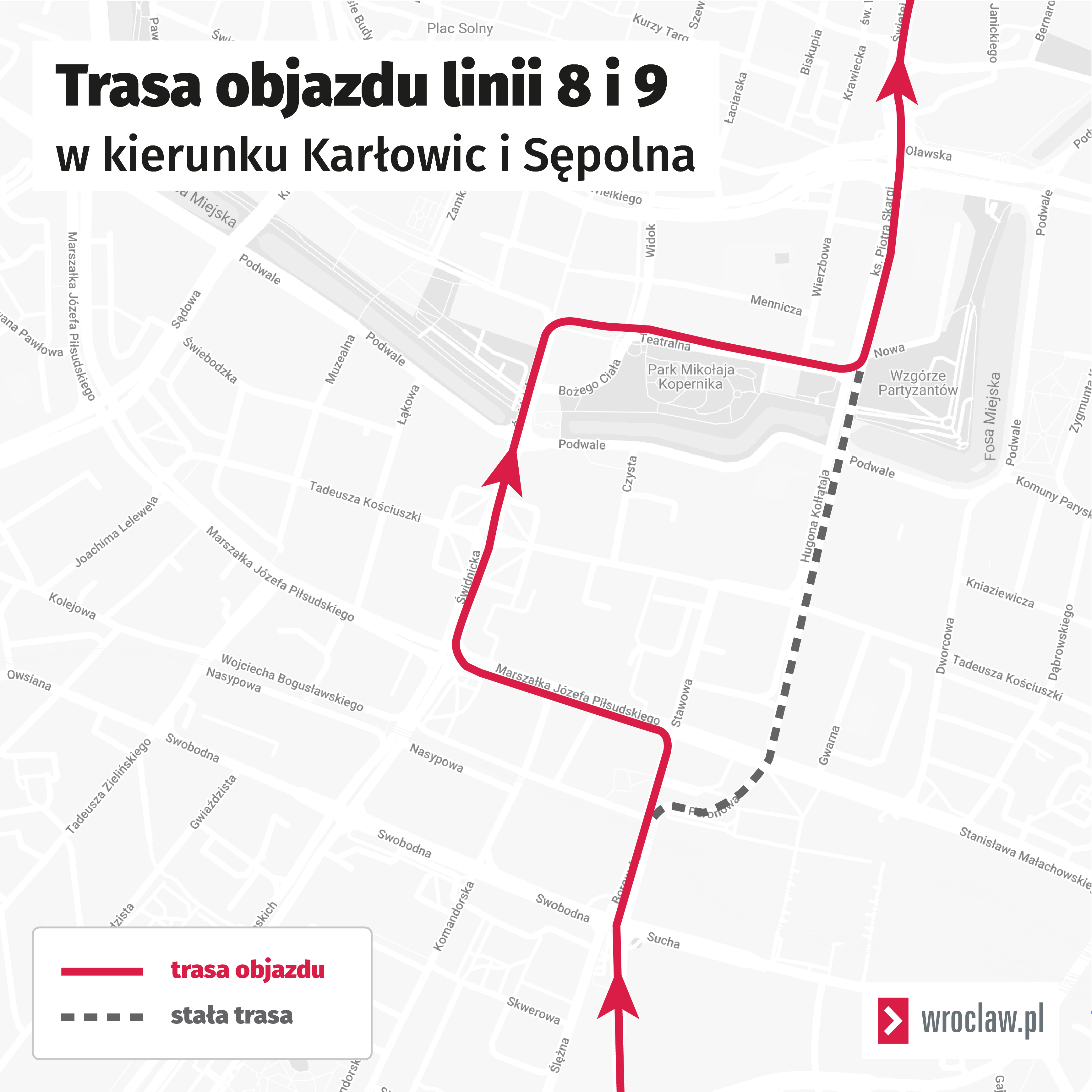 Powiększ obraz: <p>Trasa objazdu tramwaj&oacute;w linii 8 i 9.</p>