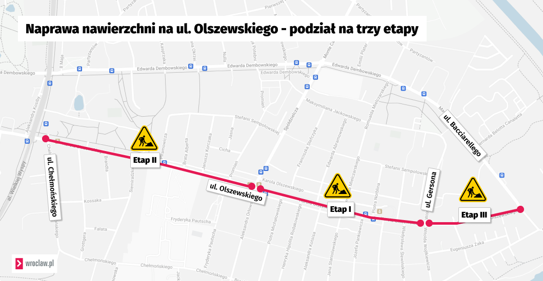 Powiększ obraz: Mapa przedstawia kolejność prowadzonych prac na ul. Olszewskiego.