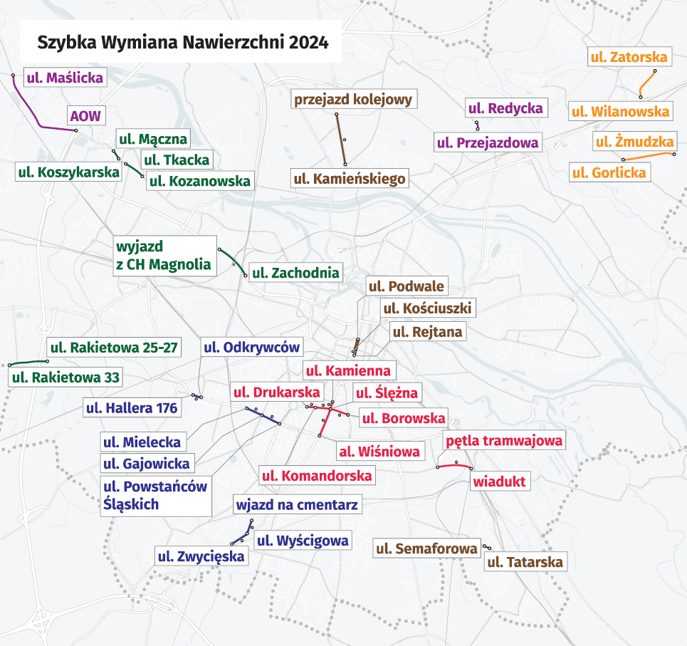 Powiększ obraz: <p>Mapa przedstawia ulice, na kt&oacute;rych zostaną wymienione nawierzchnie.&nbsp;</p>