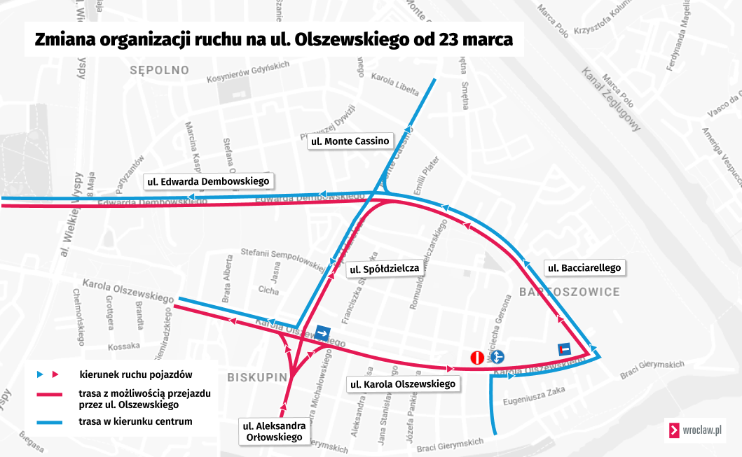 Powiększ obraz: Mapa przedstawiająca organizację ruchu na czas prac na ul. Olszewskiego.