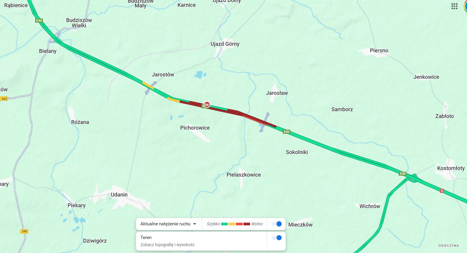 Powiększ obraz: Mapa przedstawia sytuację drogową na A4 - stan na godz. 12:30.