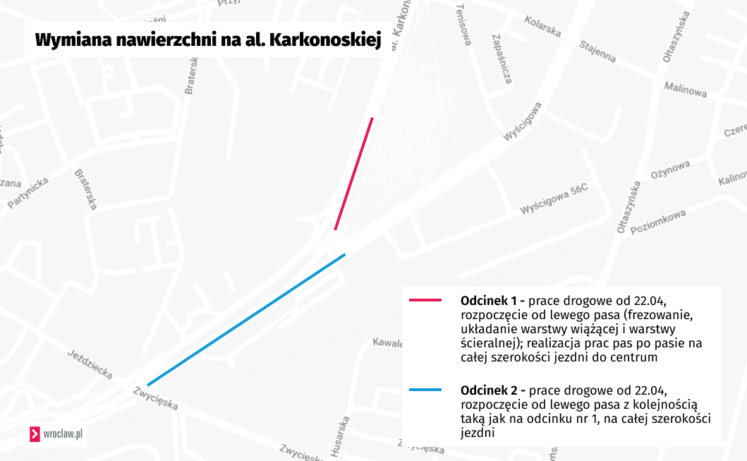 Powiększ obraz: <p>Mapa przedstawia odcinki al. Karkonoskiej, na kt&oacute;rych zostanie wymieniona nawierzchnia&nbsp;</p>