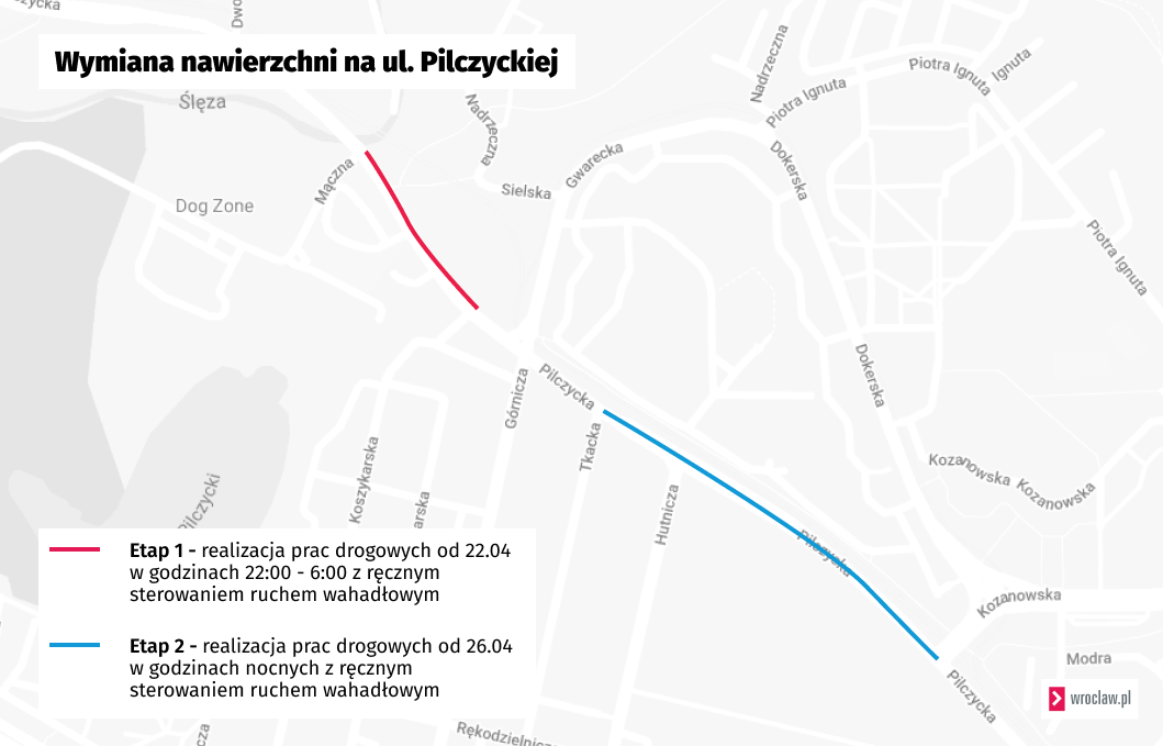 Powiększ obraz: <p>Mapa przedstawia odcinki ul. Pilczyckiej, na kt&oacute;rych zostanie wymieniona nawierzchnia&nbsp;</p>