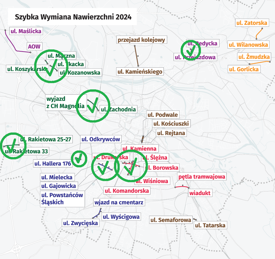 Powiększ obraz: Mapa przedstawia odcinki ulic zakwalifikowane do programy szybkich wymian nawierzchni. Na zielono zostały zakreślone te ulice, których naprawa już się zakończyła.