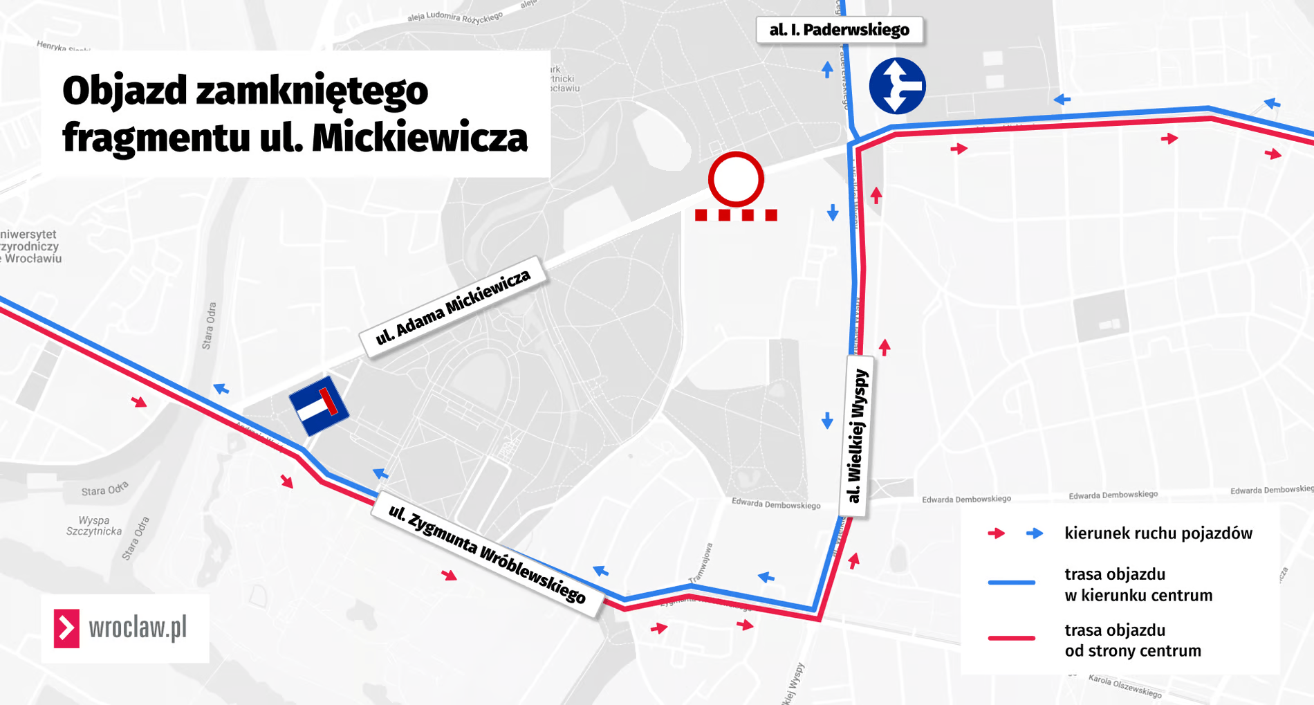 Powiększ obraz: Mapa przedstawia objazd zamkniętego fragmentu ul. Mickiewicza