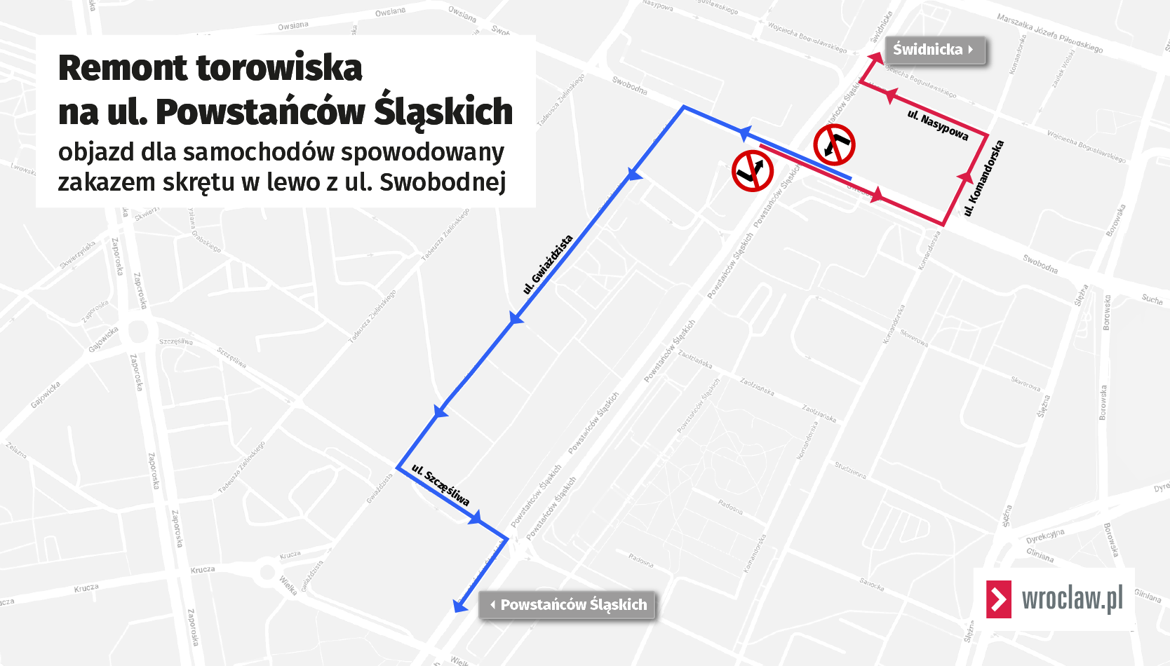 Powiększ obraz: Mapa przedstawia trasy objazdów związanych z zakazem skrętu w lewo z ul. Swobodnej.