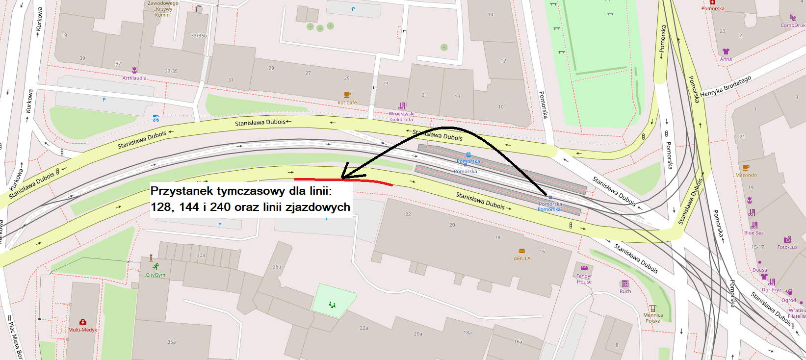 Powiększ obraz: Mapa przedstawia lokalizację przystanku tymczasowego na ul. Dubois