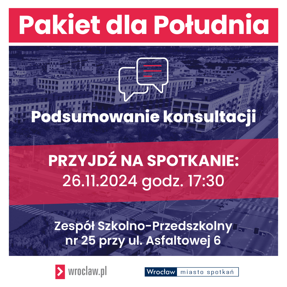 Powiększ obraz: Plakat zapraszający mieszkańców na spotkanie 26 listopada na godz. 17:30 do szkoły przy ul. Asfaltowej