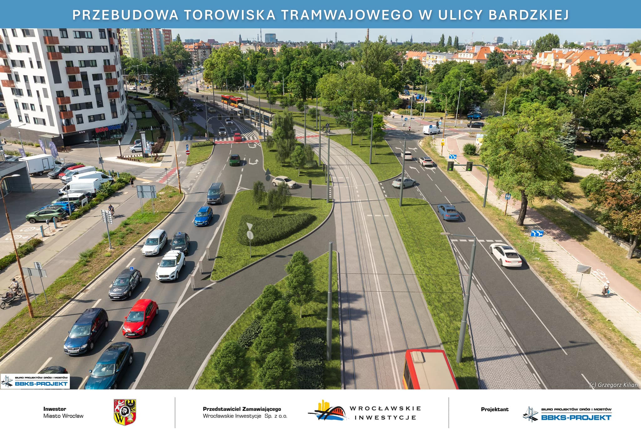 Powiększ obraz: Wizualizacja przedstawia ulicę Bardzką po wybudowaniu na niej wspólnej trasy dla autobusów i tramwajów