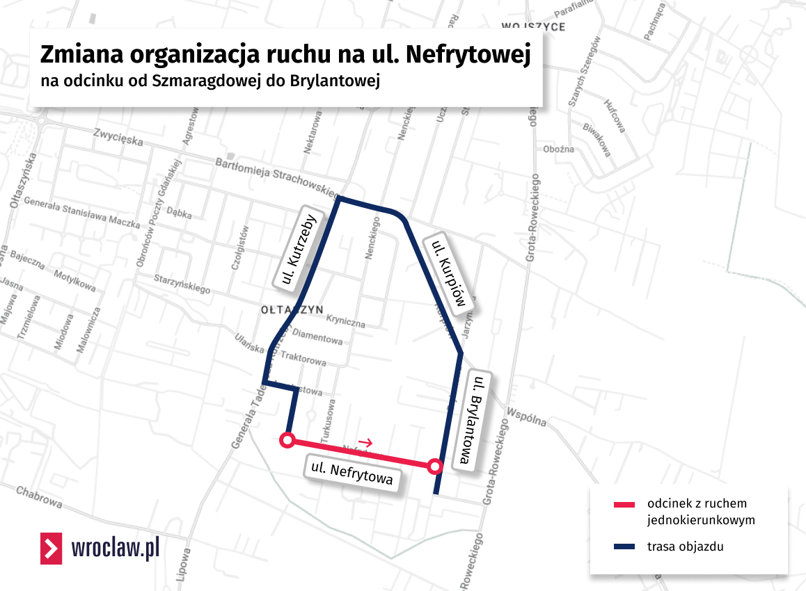 Powiększ obraz: Mapa remontu ul. Nefrytowej z zaznaczoną trasą objazdu odcinka, na którym zostanie wprowadzony ruch jednokierunkowy.