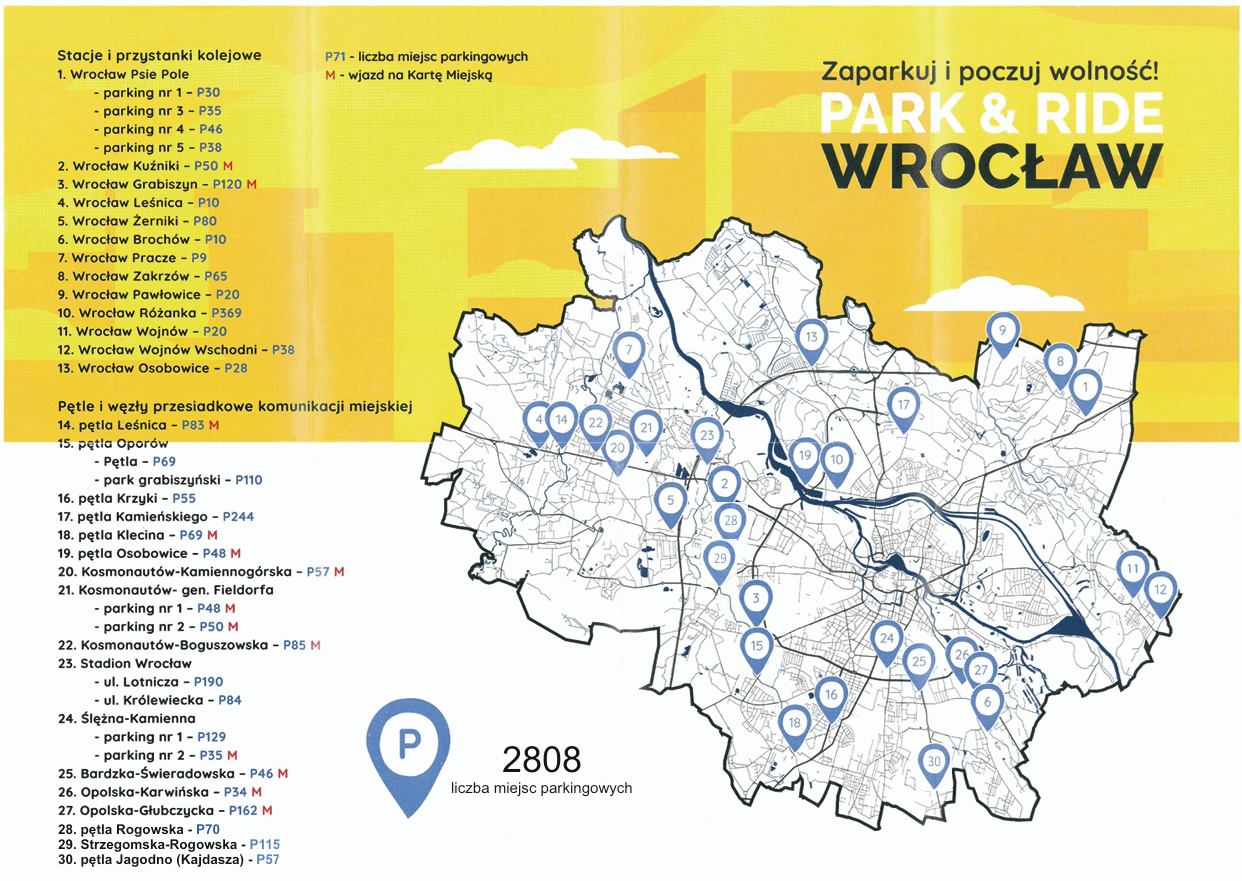 Powiększ obraz: Mapa przedstawia lokalizację i spis parkingów P+R we Wrocławiu