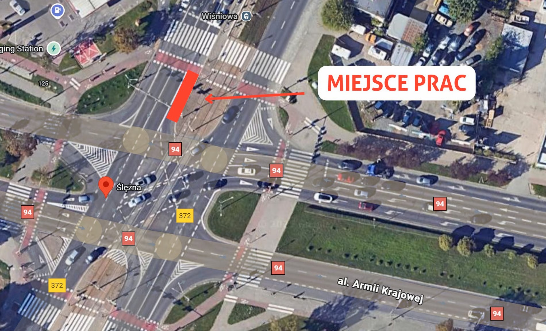 Powiększ obraz: Mapa z zaznaczonym miejsce awarii - pasem do skrętu w lewo z ul. Ślężnej w al. Armii Krajowej