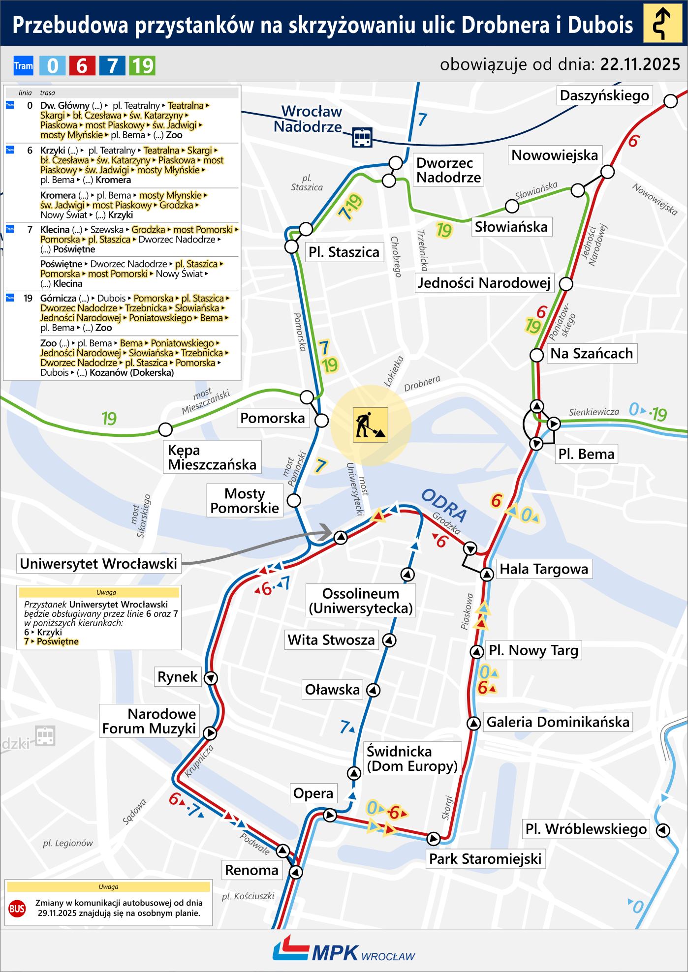 Powiększ obraz: Mapa przedstawia zmienione trasy tramwajów 0, 6, 7 i 19