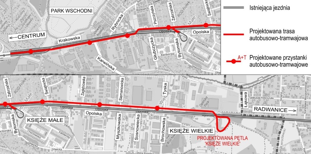 Powiększ obraz: Wariant 1. przebiegu trasy autobusowo-tramwajowej na ulicy Opolskiej
