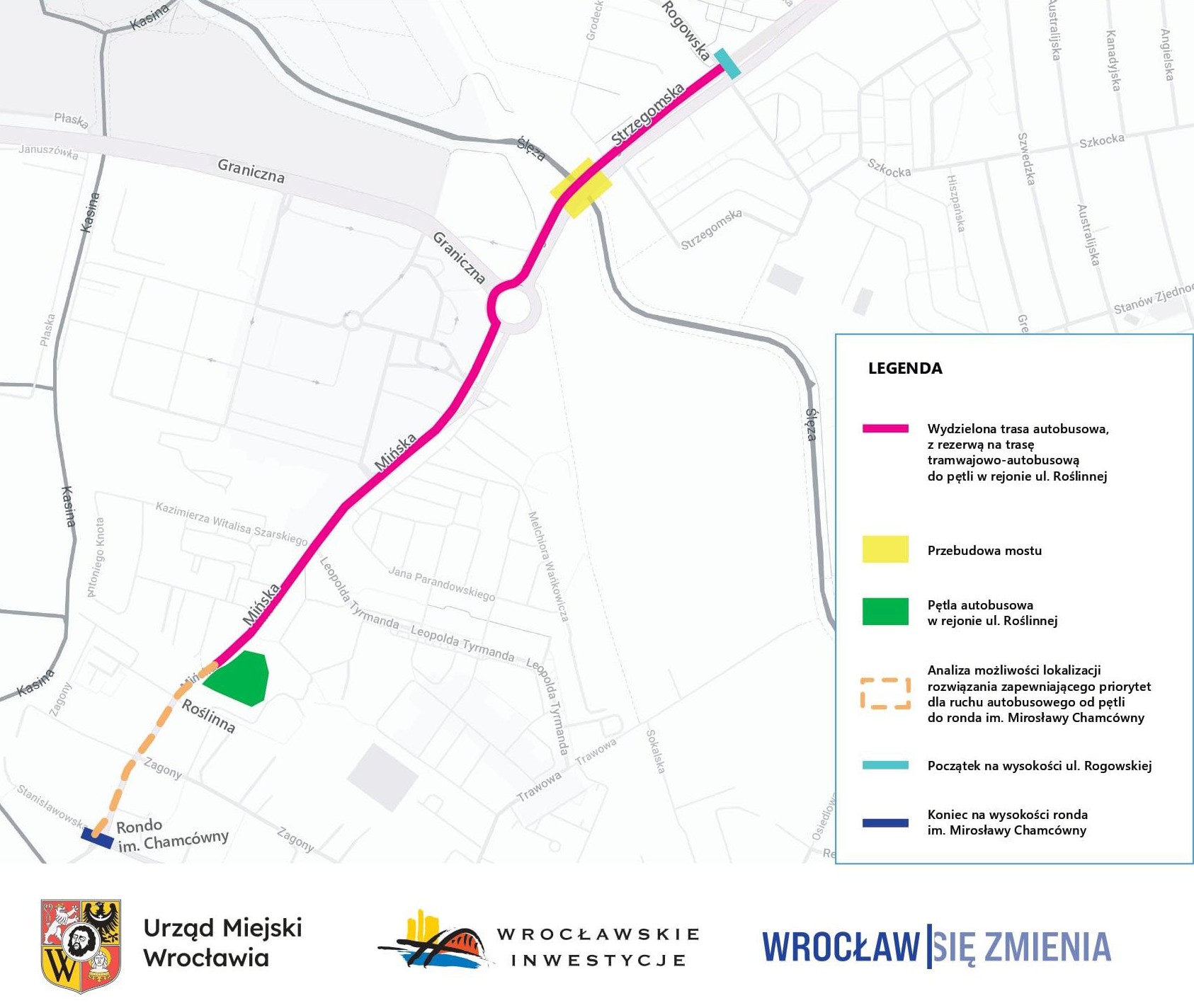 Powiększ obraz: Mapa przedstawia możliwą trasę buspasa na Muchobór Wielki. Jak dokładnie zostanie zaplanowany jego przebieg, dowiemy się z koncepcji, którą miasto zamówi po rozstrzygnięciu przetargu