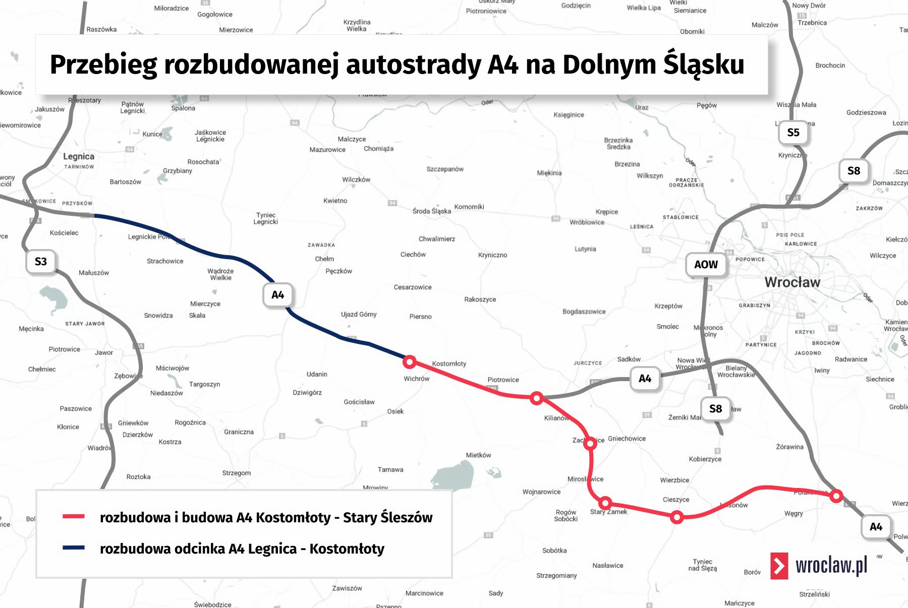 Powiększ obraz: Mapa przedstawia planowany przebieg autostrady A4 między Legnicą a Wrocławiem