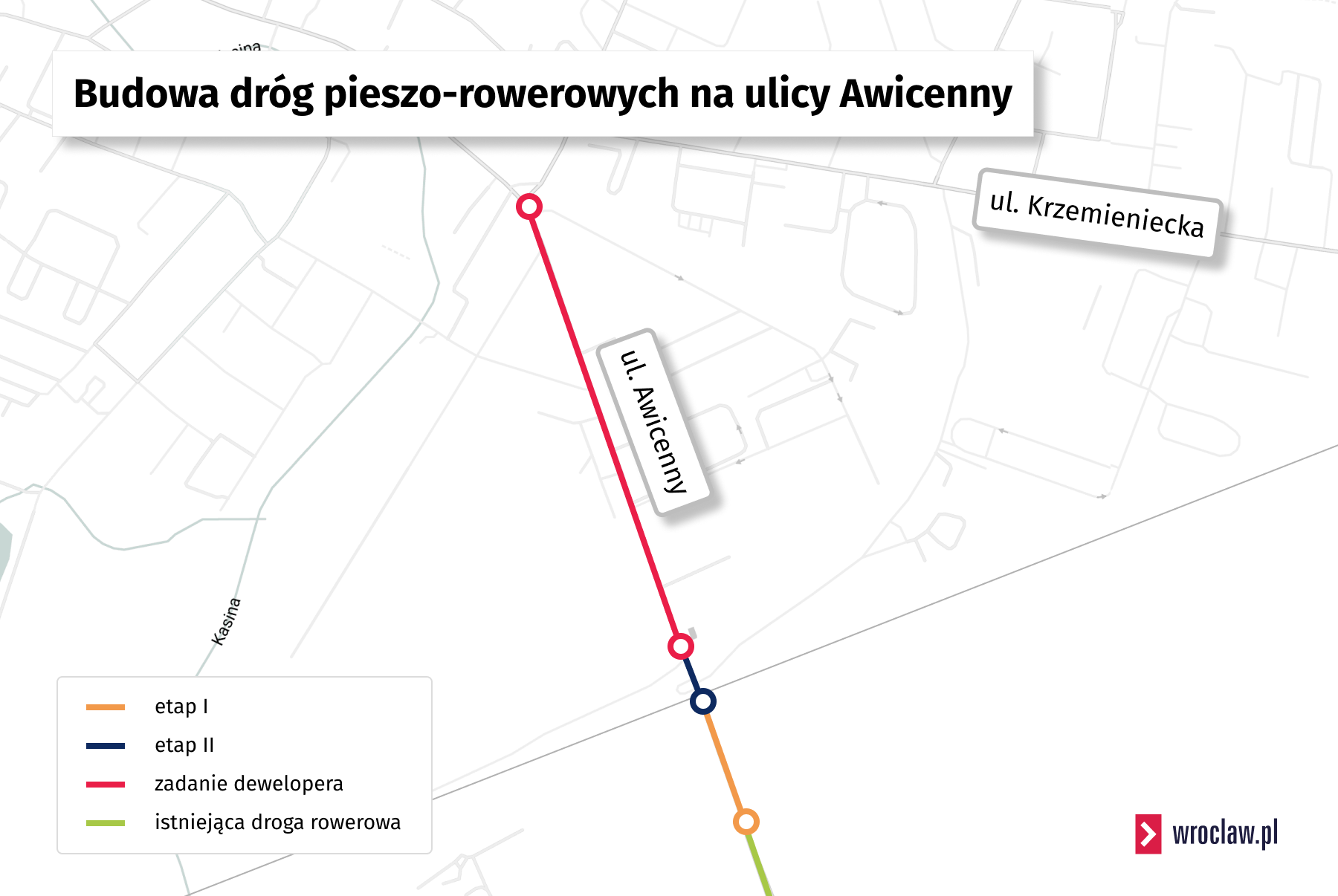 Powiększ obraz: Mapa przedstawia etapy budowy dróg pieszo-rowerowych na ulicy Awicenny
