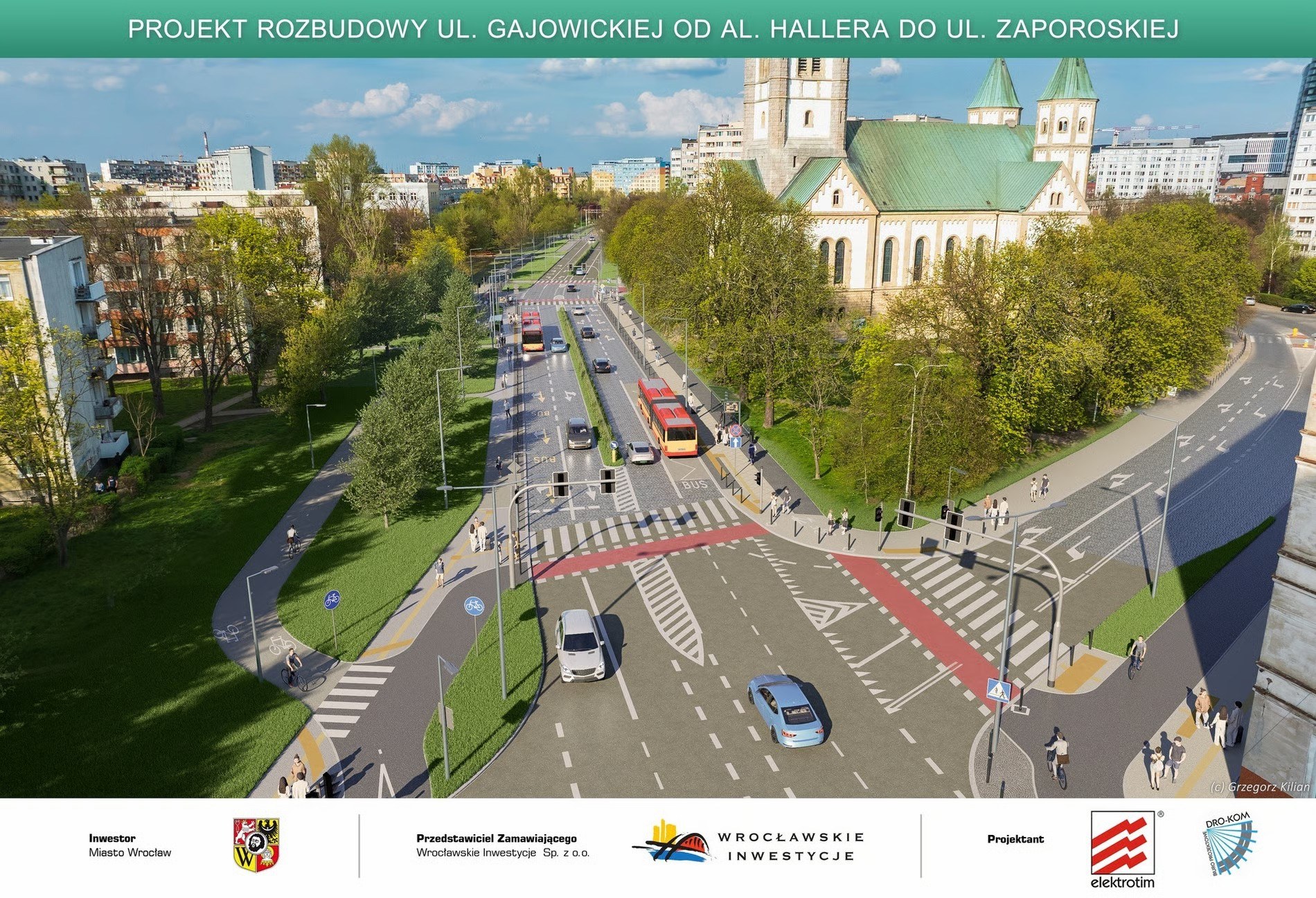 Powiększ obraz: Wizualizacja przedstawia przebudowaną ulicę Gajowicką przy kościele św. Boromeusza