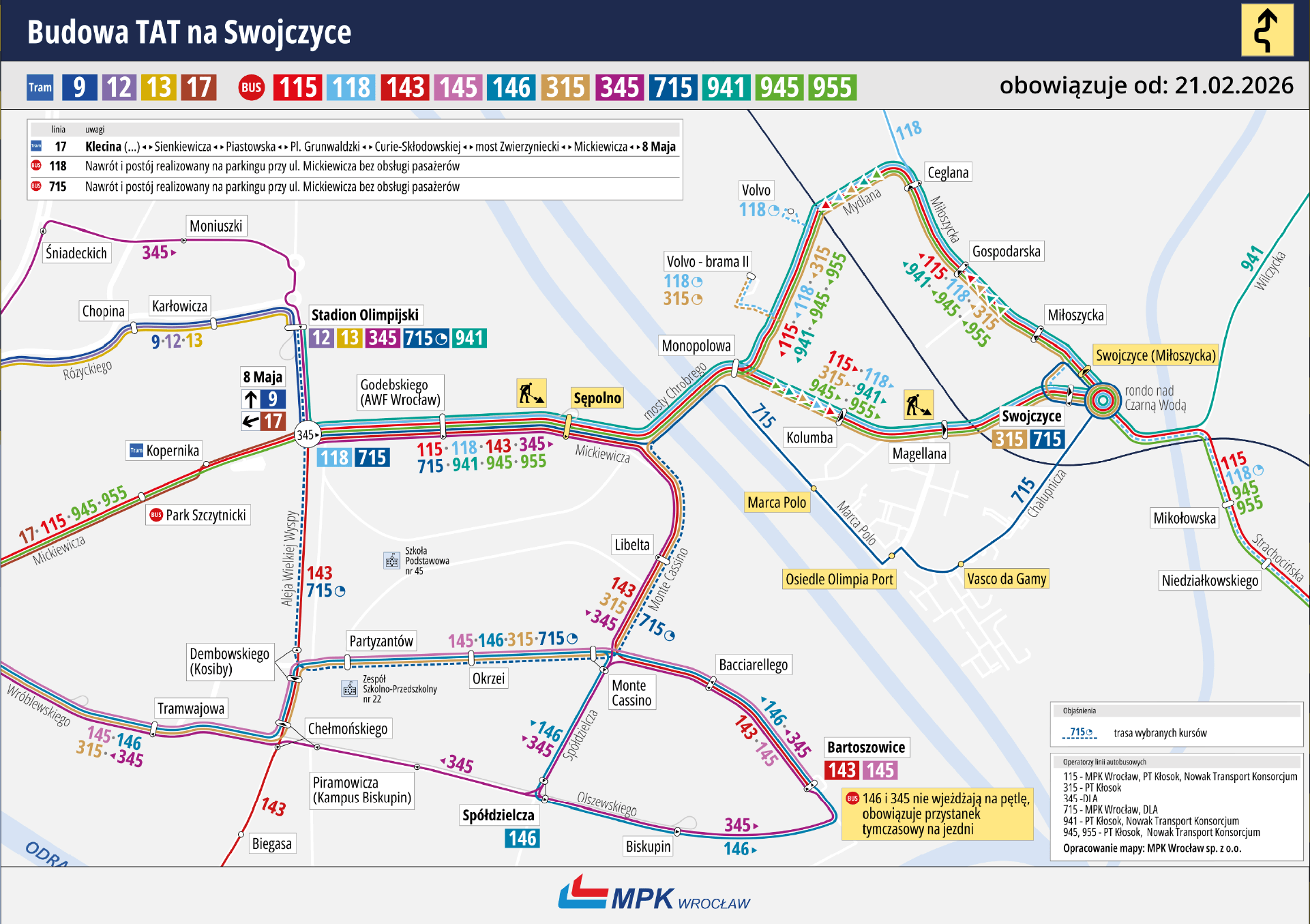 Powiększ obraz: Mapa przedstawia schemat komunikacji miejskiej po zmianach spowodowanych budową trasy autobusowo-tramwajowej na Swojczyce po rozpoczęciu przebudowy pętli "Sępolno"